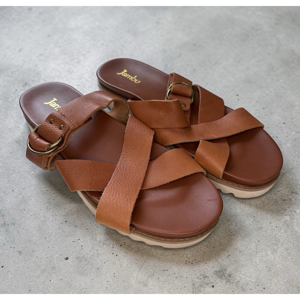 Jambu Women’s Brown Leather Strappy Slide Sandals Buckle Comfort Size 8.5-9